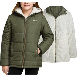 Reversible Girls Winter Coat - Heavyweight Quilted Jacket with Sherpa Lining